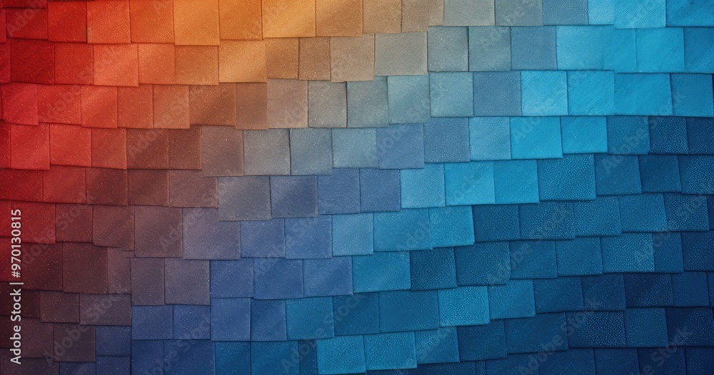 Poster a vibrant abstract background featuring interlocking tiles in a gradient of warm to cool colors.