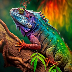 Fototapeta premium Colorful iguana on a tree in a colored background..