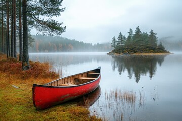Fototapeta premium Red canoe by small lake with island on cloudy fall morning