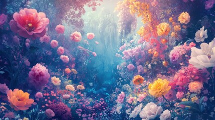 Naklejka premium Enchanted Floral Paradise - A Surreal Garden of Vibrant Blooms