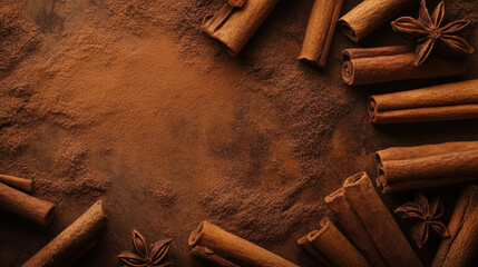 aromatic cinnamon sticks and star anise on rustic brown background