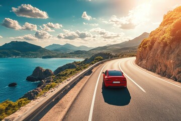 Red car on coastal road for summer vacation in Europe
