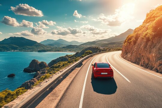 Red car on coastal road for summer vacation in Europe
