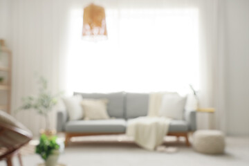 Comfortable sofa with plaid, houseplants and pouf in interior of living room. Blurred view