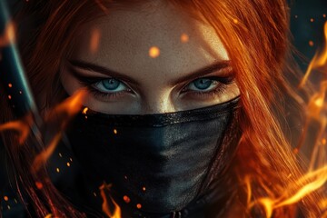 Red haired girl assassin with burning daggers black leather warrior costume ninja soldier with knives and fire magic masked with blue eyes