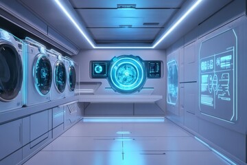 Innovative laundry room featuring cutting edge washing machine and holographic control interfaces