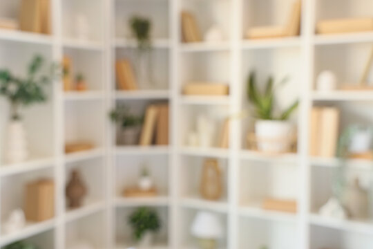 Modern interior of home library. Blurred view