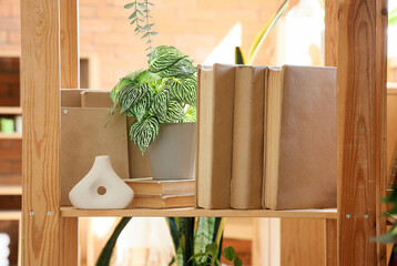 Modern shelving unit with books, decor and houseplants, closeup