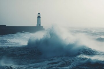 A solitary lighthouse stands robust against the crashing waves and stormy skies, symbolizing resilience and steadfastness despite the turbulent forces of nature around it.