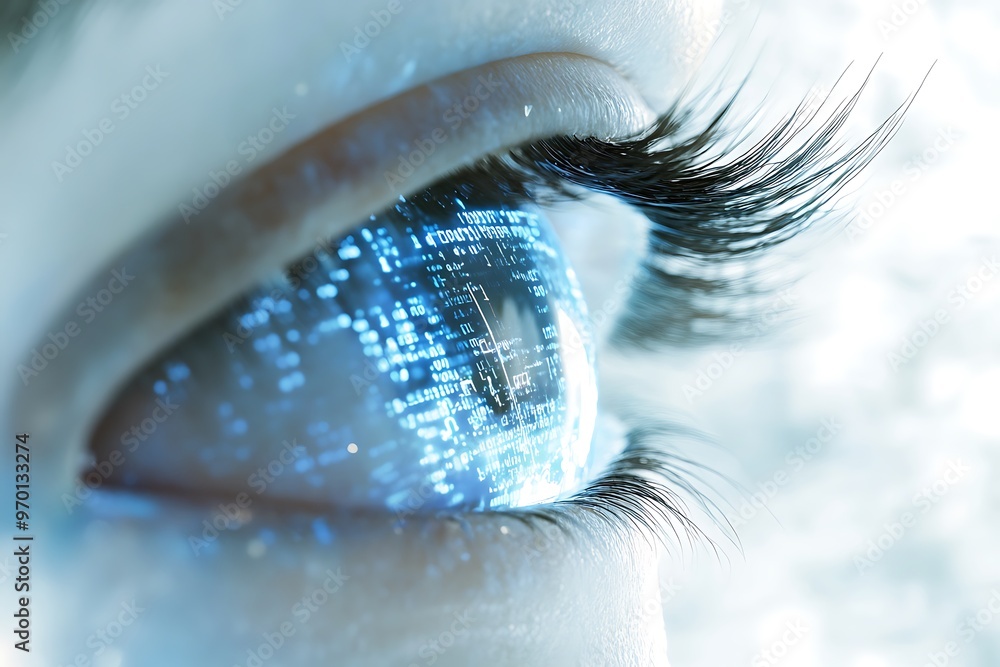 Poster close up of digital eye with glowing code inside, representing technology, data, artificial intellig