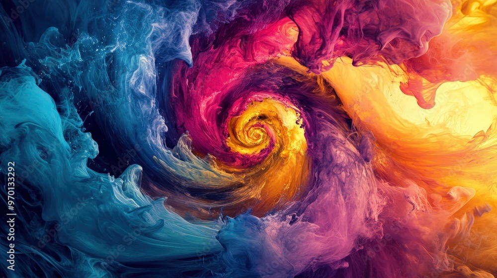 Poster vibrant ink swirls abstract background - dynamic fluid colorful inks mixing in a spiral pattern for 
