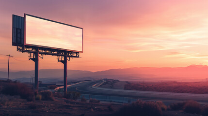 A promotional board with an unfilled section for your text in the desert next to a highway at twilight with a sky full of clouds.