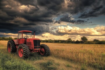 Red tractor dramatic clouds in field