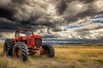 Fototapeta premium Red tractor under dramatic skies in a field