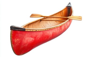 Red wooden canoe and paddles on white background