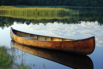 Reflection of canoe on calm lake
