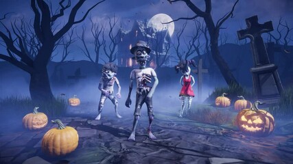 Halloween party. Funny zombies among glowing pumpkins in the light of the full moon in a scary gothic cemetery. 3D animated background for holiday cards, invitations, posters, events, parties