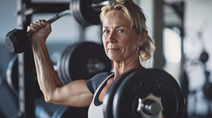 Fototapeta premium Fit mature woman lifting weights in a gym