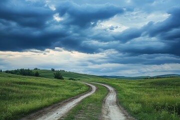 Fototapeta premium Remote country dirt road on hilltop under dramatic summer sky