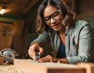 A close-up of a skilled carpenter, focused while working with wood, hands covered in sawdust