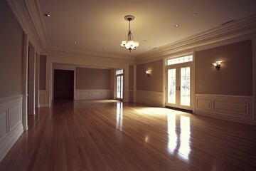 Renovated room with wood floors moulding tan paint and lights