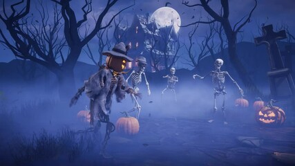Halloween party: spooky skeleton with pumpkin head dances in the moonlight in misty ancient graveyard. 3D animated background for greeting cards, invitations, posters, events, parties