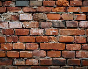Fototapeta premium A close-up of a weathered brick wall, with cracks, chips, and uneven mortar. The texture fee