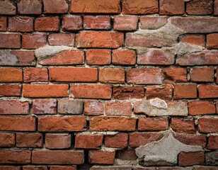 Fototapeta premium A close-up of a weathered brick wall, with cracks, chips, and uneven mortar. The texture fee