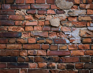 Obraz premium A close-up of a weathered brick wall, with cracks, chips, and uneven mortar. The texture fee