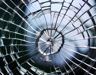 Naklejka premium A close-up of cracked glass, with fine lines spreading across the surface, creating an intri
