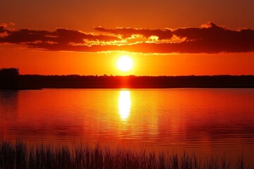 Naklejka premium An intense sunset reflecting vividly over a calm lake, with the silhouette of reeds framing the scene, epitomized with vibrant orange and red tones in a tranquil setting.