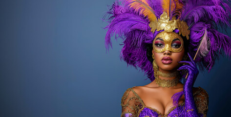 A breathtaking Black woman dressed in an opulent purple and gold costume gracefully holds a decorative Mardi Gras mask, showcasing her elegance against a minimalist backdrop in high fashion photograph