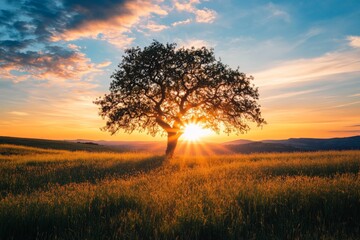 Obraz premium A solitary tree stands in a vast field, with the sun setting behind it, casting long shadows and painting the sky with hues of blue, orange and red in a beautiful scene.