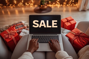 Black man browsing a sale on a laptop surrounded by wrapped gifts, emphasizing online holiday shopping. Concept for Cyber Monday and Christmas shopping