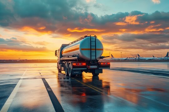 Small modern fuel tanker truck refueling aircraft with gasoline on airfield taxiway Airport service vehicle