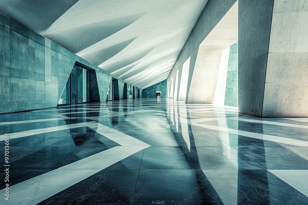 Poster a futuristic architectural hallway featuring a reflective marble floor and geometric ceiling design,