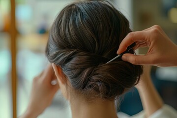 Naklejka premium Close-up shots of a hair stylist crafting an elegant updo for a special occasion, 