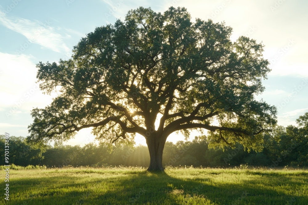Poster A beautiful image of a large tree standing majestically in an open field with rays of sunlight penetrating through its branches, symbolizing strength and serenity.