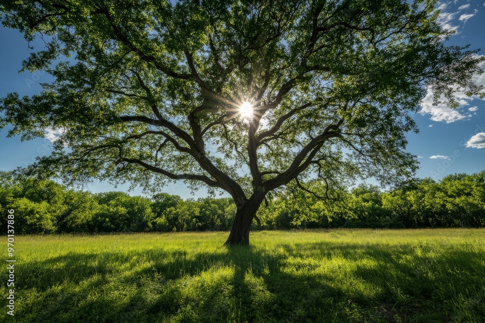 Poster A picturesque image of a tree situated in a field with sunlight filtering through its branches, capturing a serene and peaceful moment in nature under a bright blue sky.