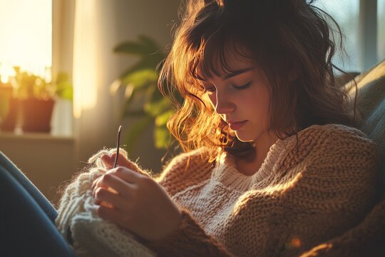 portrait of young woman crocheting 