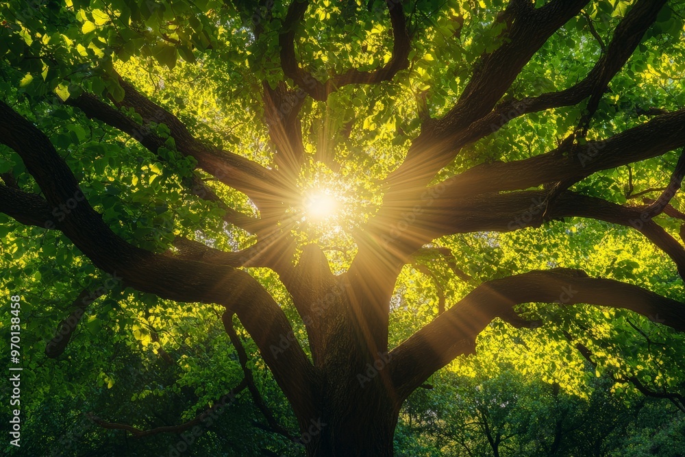 Poster sunlight bursts through the dense leaves of a majestic oak tree, highlighting its robust branches an