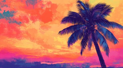 Obraz premium Vintage Retro Pop Art Scene with Bold Stylized Palm Tree under Sunset Sky in Orange, Pink, and Purple Hues