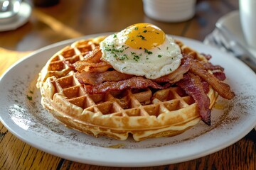 Southern style breakfast featuring waffles bacon and eggs