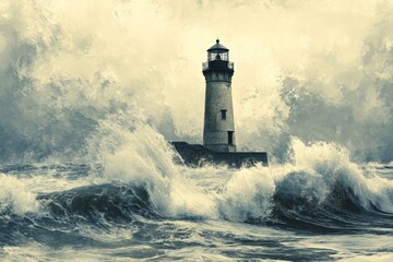 Obraz premium A lighthouse stands firm on its embankment as huge waves surge around it during a storm, portraying steadfastness and guidance through nature's fury in a monochromatic tone.