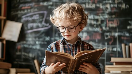 Cute boy reading a book in front of a blackboard in a classroom. Education and learning concept.