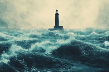 Fototapeta premium A captivating image showing a lone lighthouse surrounded by ferocious stormy waves and turbulent seas, illustrating solitude and the enduring spirit against adversity.