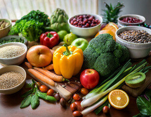A close-up of healthy meal preparation, with vibrant vegetables, fruits, and grains. The emp