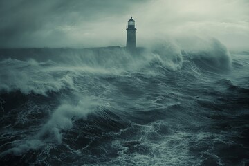 A remarkable image depicting a lighthouse standing tall amidst roaring stormy sea waves, emphasizing the lighthouse's role as a symbol of safety and steadfastness.