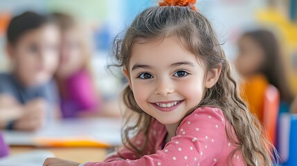 Fototapeta premium Smiling little girl in classroom with classmates in background