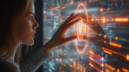 Hand interacting with a digital interface displaying biometric data, business analytics, and cybersecurity metrics with emphasis on fingerprint recognition